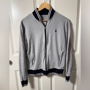 Men's Polo Full Zip Gray Poly Blend Jacket Size Medium Varsity Style